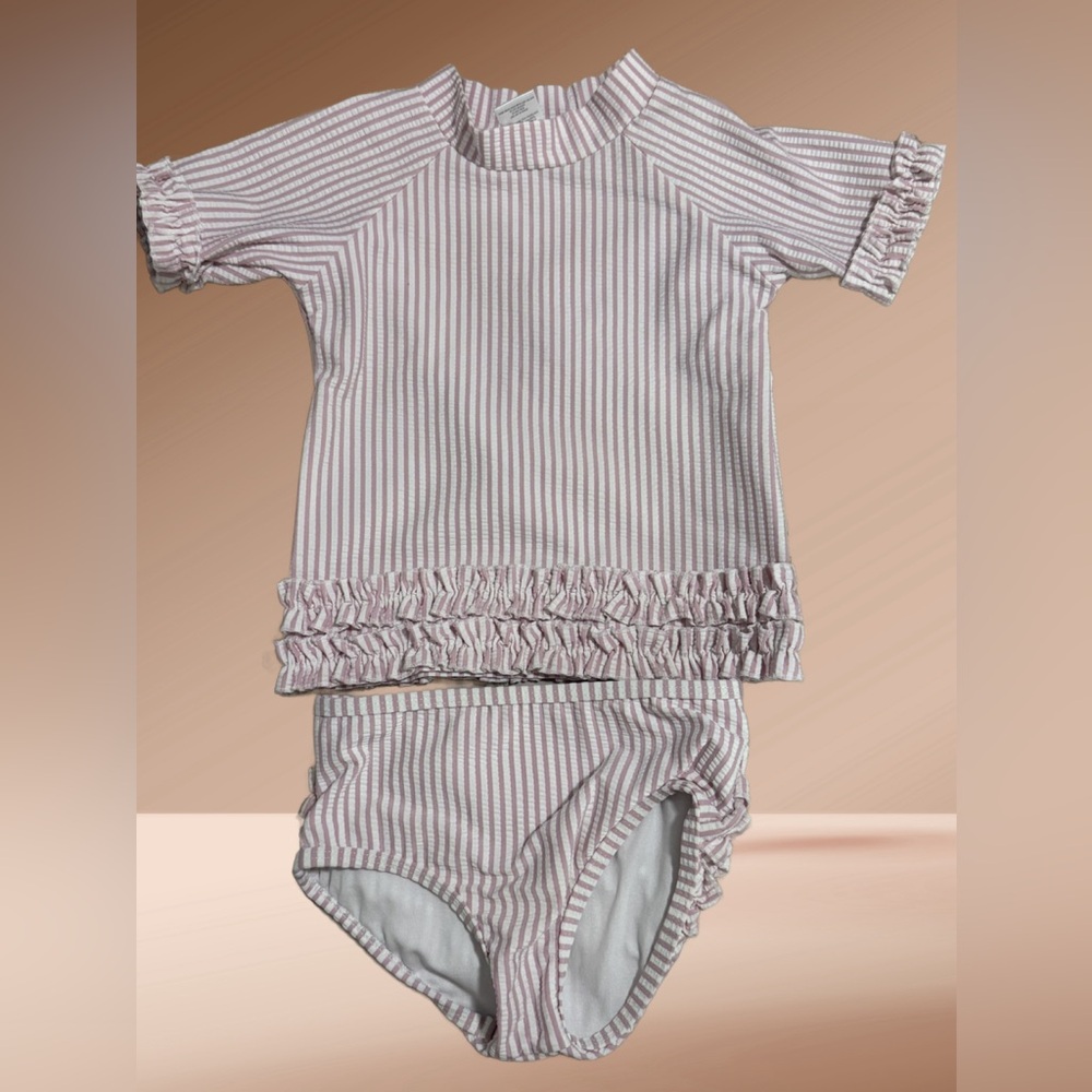 Ruffle Butts Pink Striped Rashguard Set